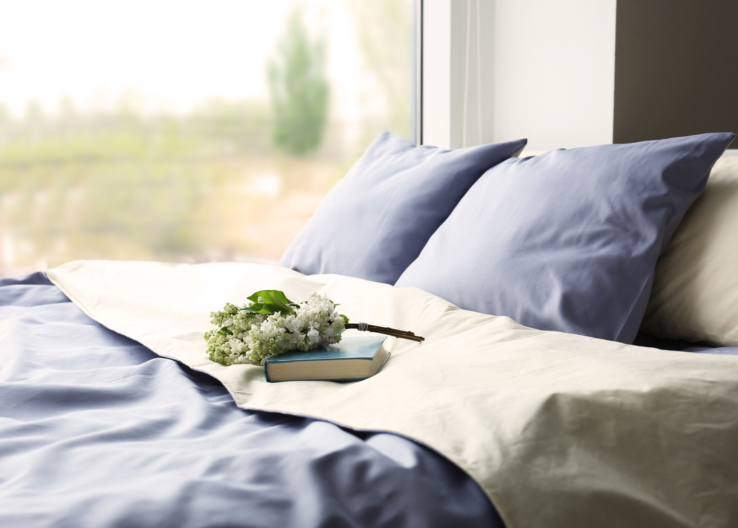 Made-up Bed with Blue Bed Linens and Book